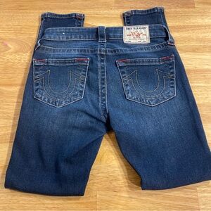 True Religion Mid Rise Jennie Curvy Skinny Jeans, Blue, Size 24.